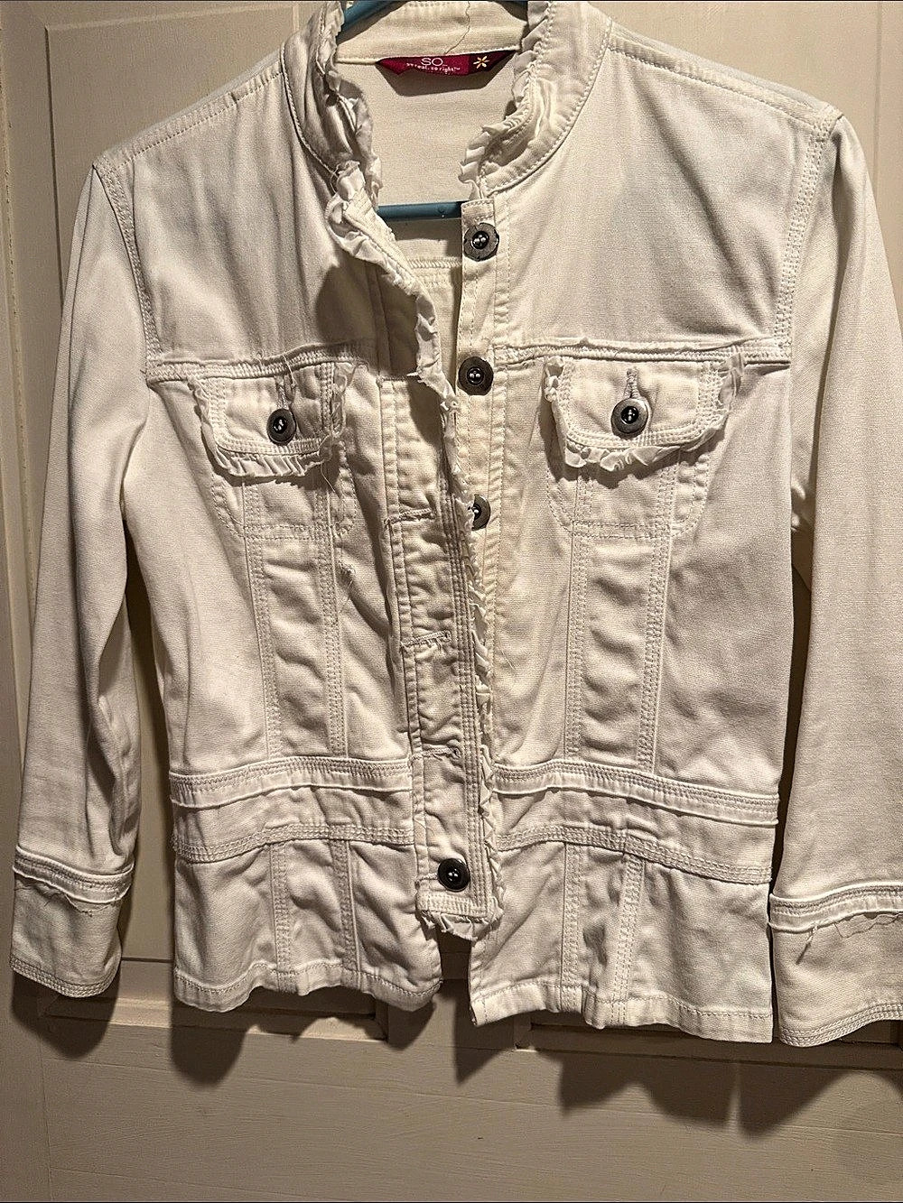 S.O. Ruffled Collar Utility Jacket in White Size Medium